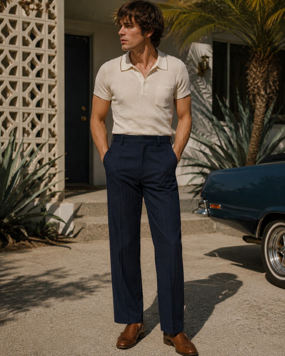 Mens Vintage 60s 70s Farah Pinstripe Blue Red Pants Slacks Mod Western 33 x 28